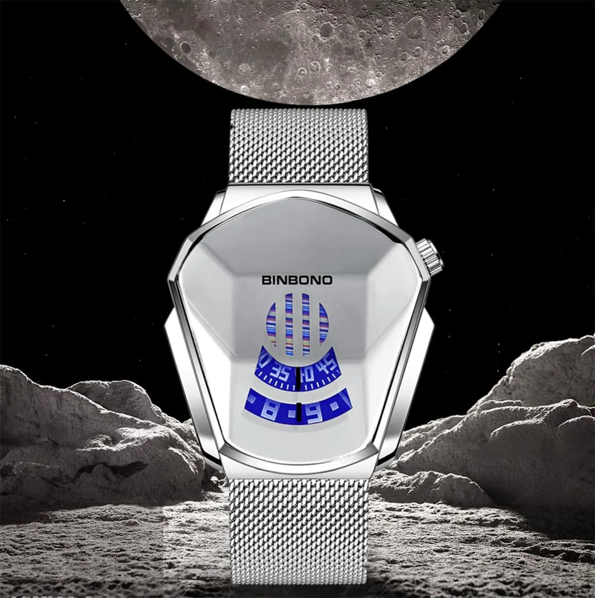 FANMIS Creative Fashion Blue LED Binary Digital Watches Men's Stainless Steel Silver Waterproof LED Backlight Bracelet Plated Watches