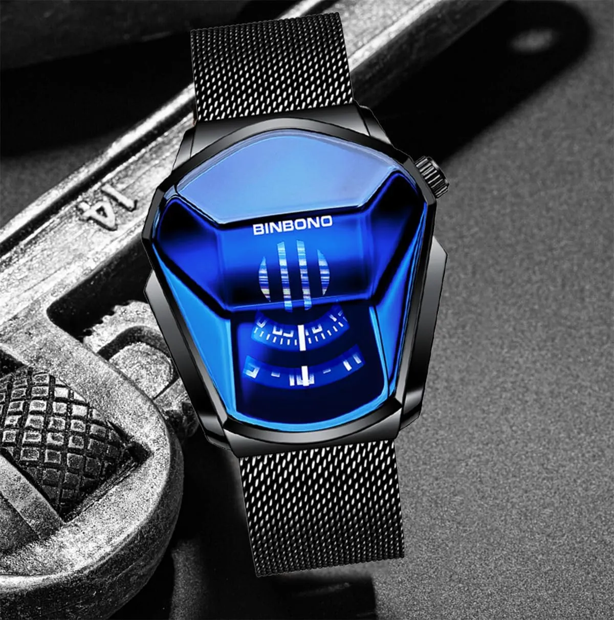 FANMIS Creative Fashion Blue LED Binary Digital Watches Men's Stainless Steel Silver Waterproof LED Backlight Bracelet Plated Watches