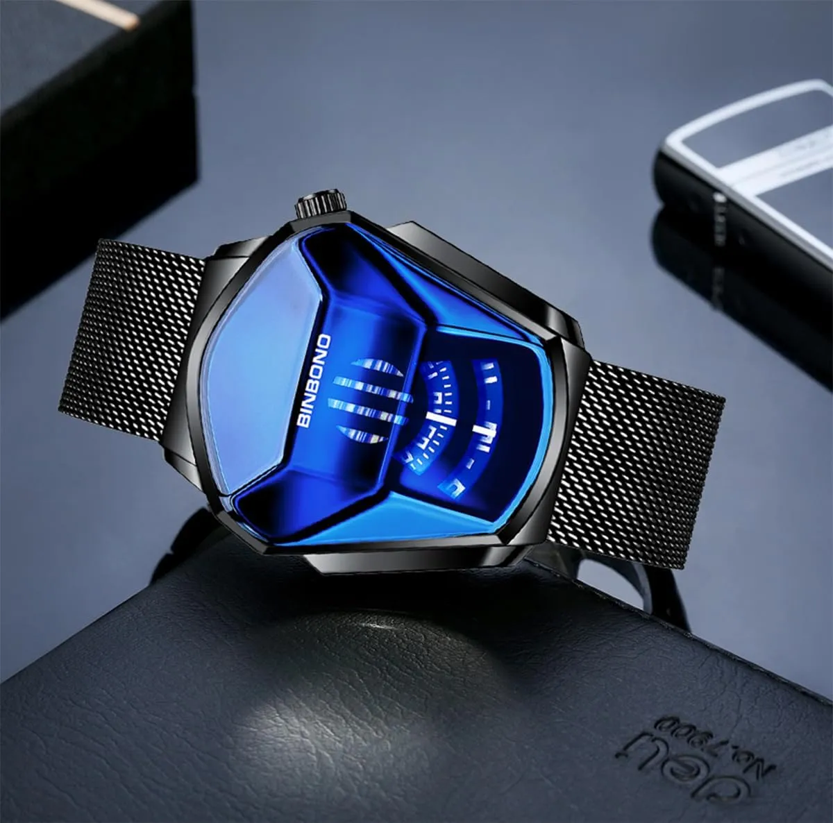 FANMIS Creative Fashion Blue LED Binary Digital Watches Men's Stainless Steel Silver Waterproof LED Backlight Bracelet Plated Watches