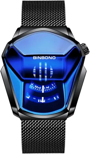 FANMIS Creative Fashion Blue LED Binary Digital Watches Men's Stainless Steel Silver Waterproof LED Backlight Bracelet Plated Watches