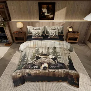 Feelyou 7 Piece Grizzly Bear Bed in a Bag King Wild Animal Hunting Sheet Set Cabin for Boys Girls Kids Rustic Farmhouse Bedding Comforter Wooden Board Cushion Covers
