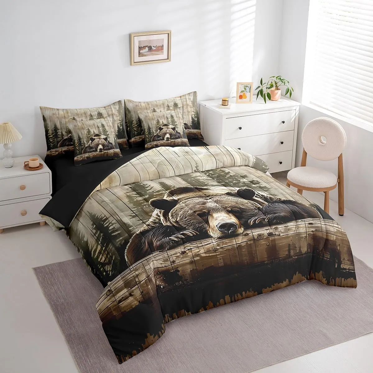 Feelyou 7 Piece Grizzly Bear Bed in a Bag King Wild Animal Hunting Sheet Set Cabin for Boys Girls Kids Rustic Farmhouse Bedding Comforter Wooden Board Cushion Covers