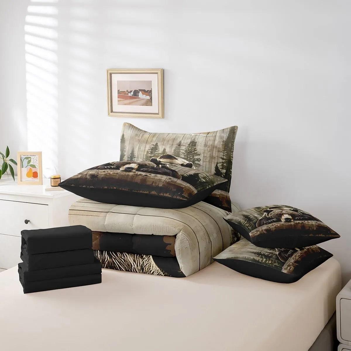 Feelyou 7 Piece Grizzly Bear Bed in a Bag King Wild Animal Hunting Sheet Set Cabin for Boys Girls Kids Rustic Farmhouse Bedding Comforter Wooden Board Cushion Covers