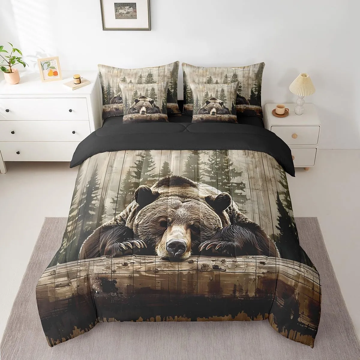 Feelyou 7 Piece Grizzly Bear Bed in a Bag King Wild Animal Hunting Sheet Set Cabin for Boys Girls Kids Rustic Farmhouse Bedding Comforter Wooden Board Cushion Covers