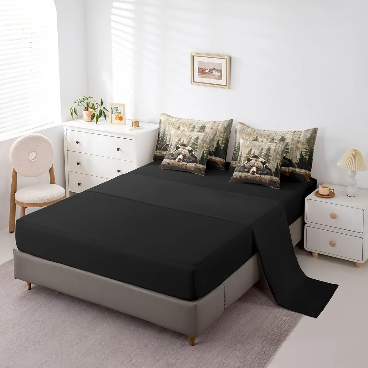 Feelyou 7 Piece Grizzly Bear Bed in a Bag King Wild Animal Hunting Sheet Set Cabin for Boys Girls Kids Rustic Farmhouse Bedding Comforter Wooden Board Cushion Covers