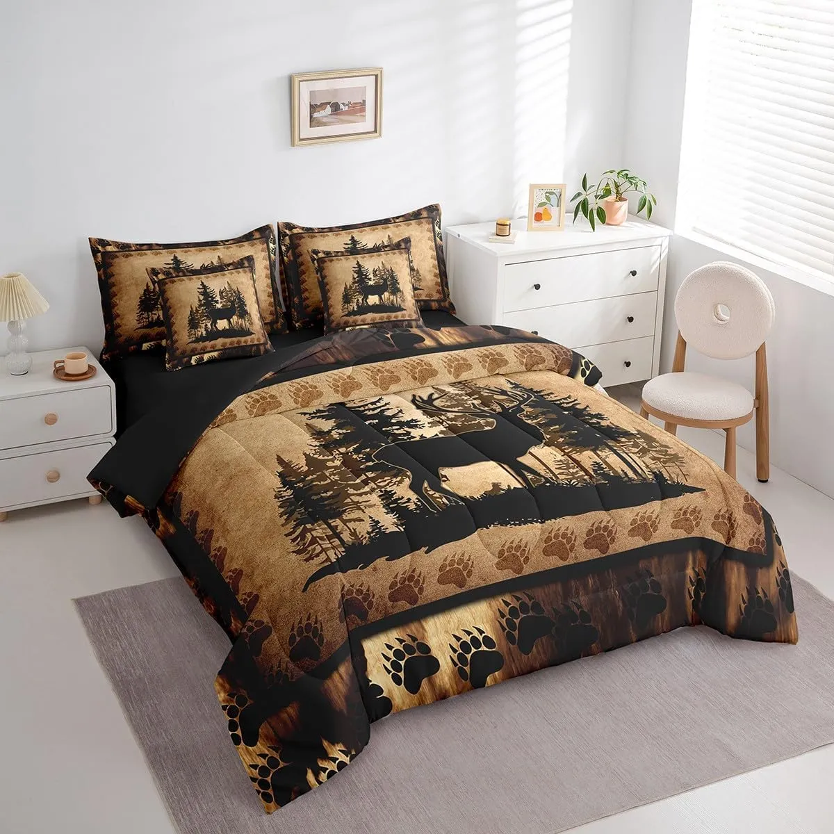 Feelyou Cute Deer Comforter Set with Sheets 7 Piece King Size for Girls Boys Kids Deer Hunting Bed in a Bag Room Decorative Bear Paw Print Tree Pattern Bedding Set Exotic Style Brown Bed Set