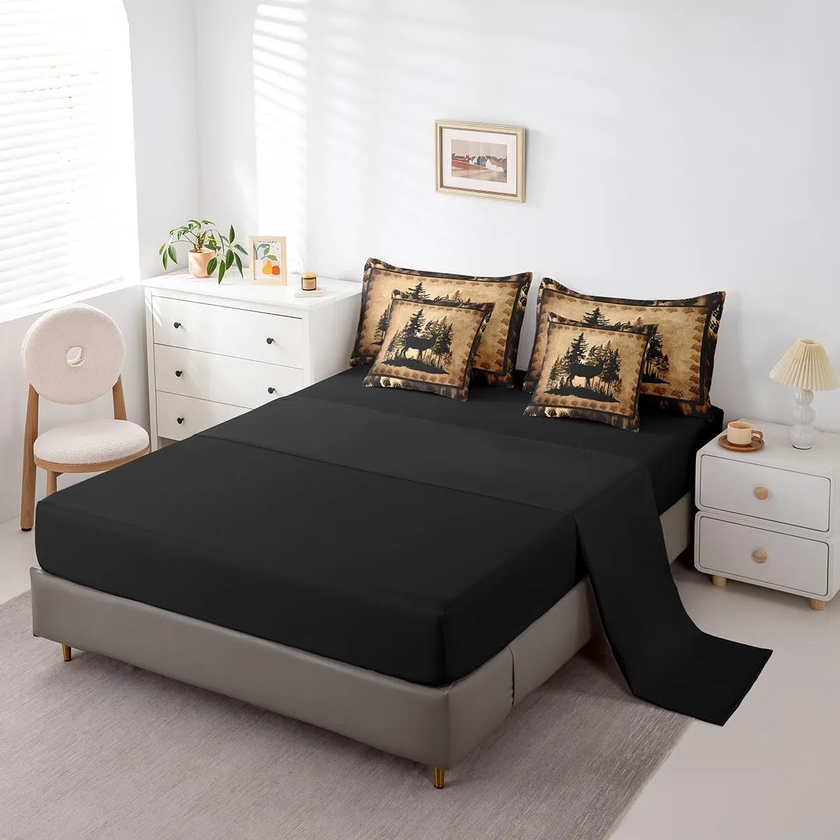 Feelyou Cute Deer Comforter Set with Sheets 7 Piece King Size for Girls Boys Kids Deer Hunting Bed in a Bag Room Decorative Bear Paw Print Tree Pattern Bedding Set Exotic Style Brown Bed Set