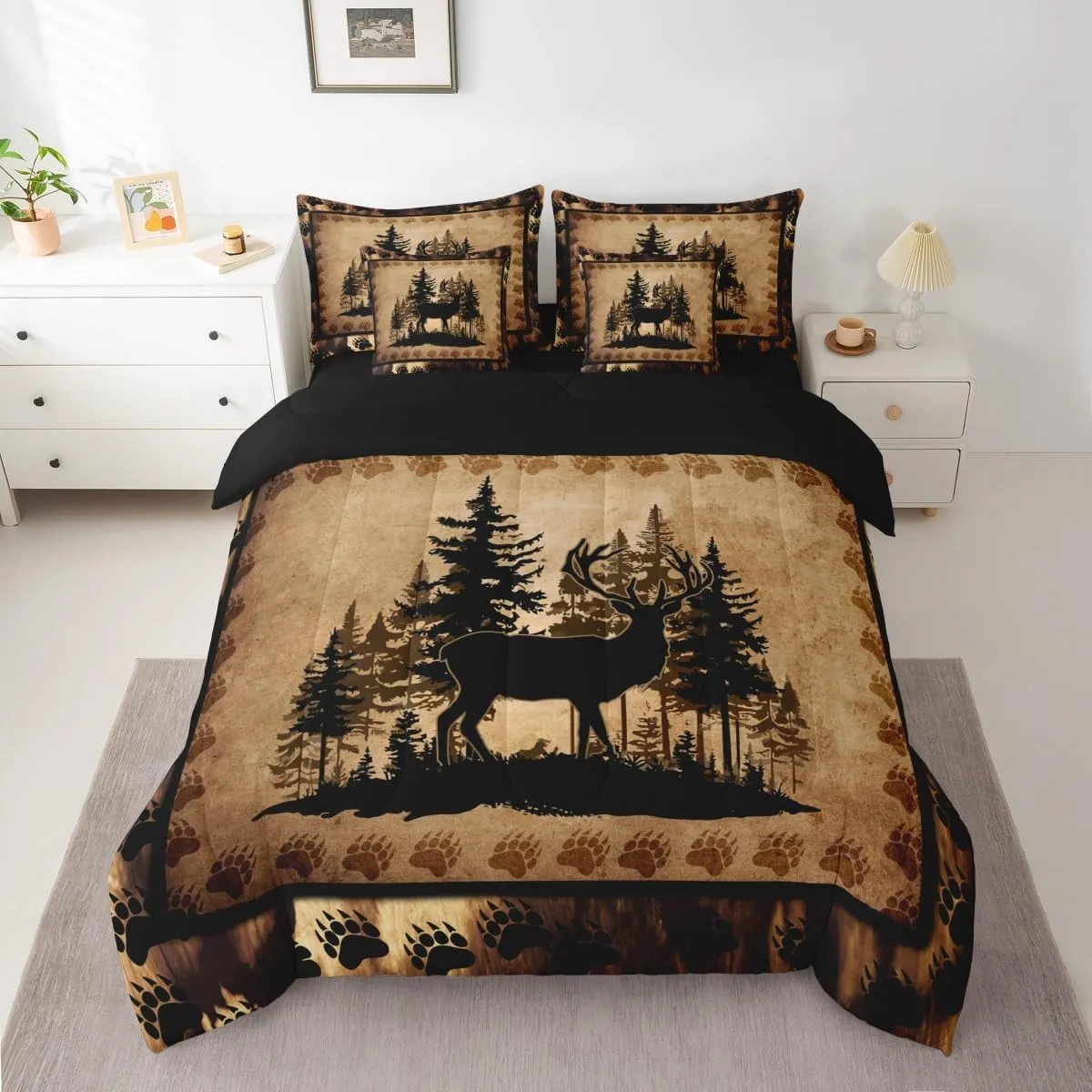 Feelyou Cute Deer Comforter Set with Sheets 7 Piece King Size for Girls Boys Kids Deer Hunting Bed in a Bag Room Decorative Bear Paw Print Tree Pattern Bedding Set Exotic Style Brown Bed Set