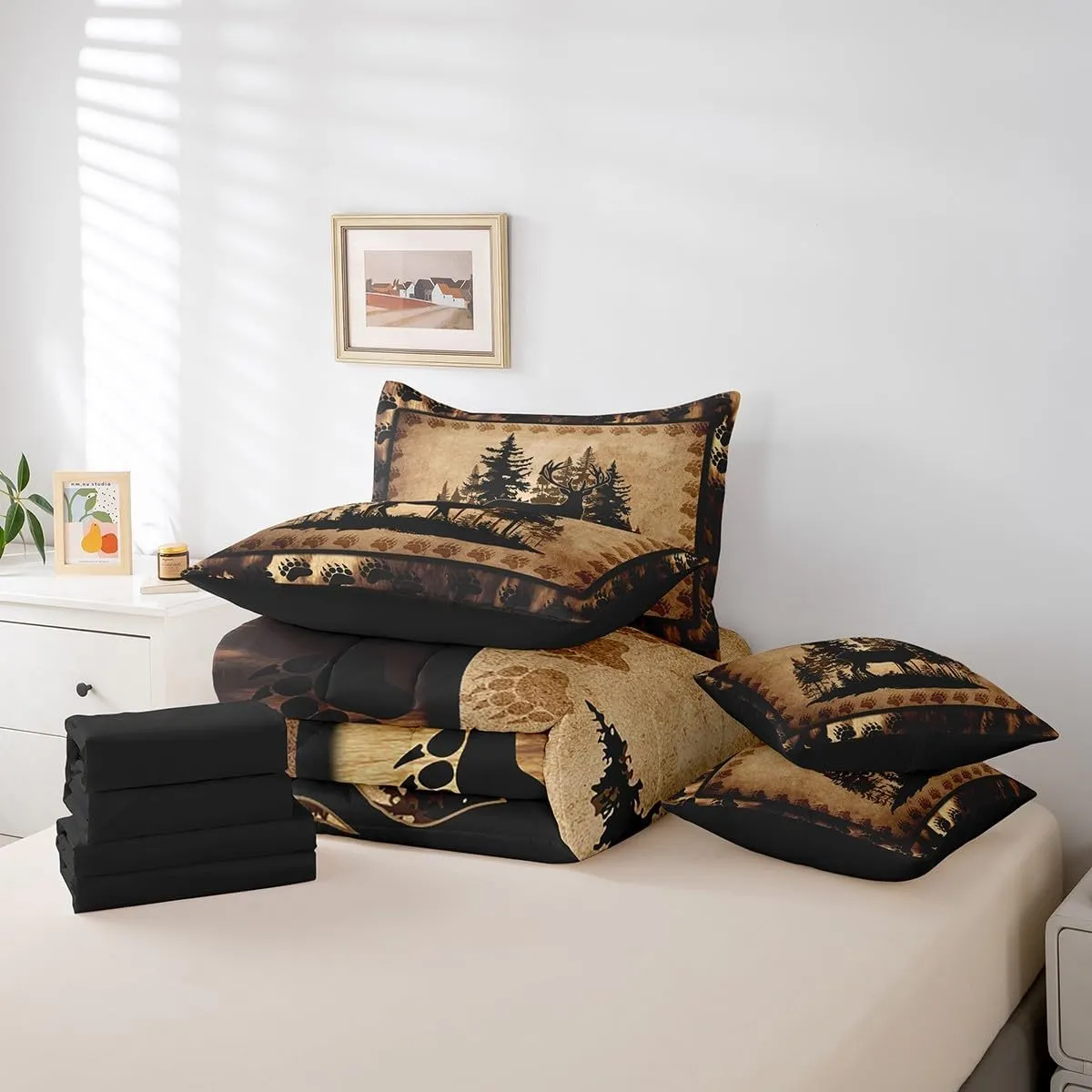 Feelyou Cute Deer Comforter Set with Sheets 7 Piece King Size for Girls Boys Kids Deer Hunting Bed in a Bag Room Decorative Bear Paw Print Tree Pattern Bedding Set Exotic Style Brown Bed Set