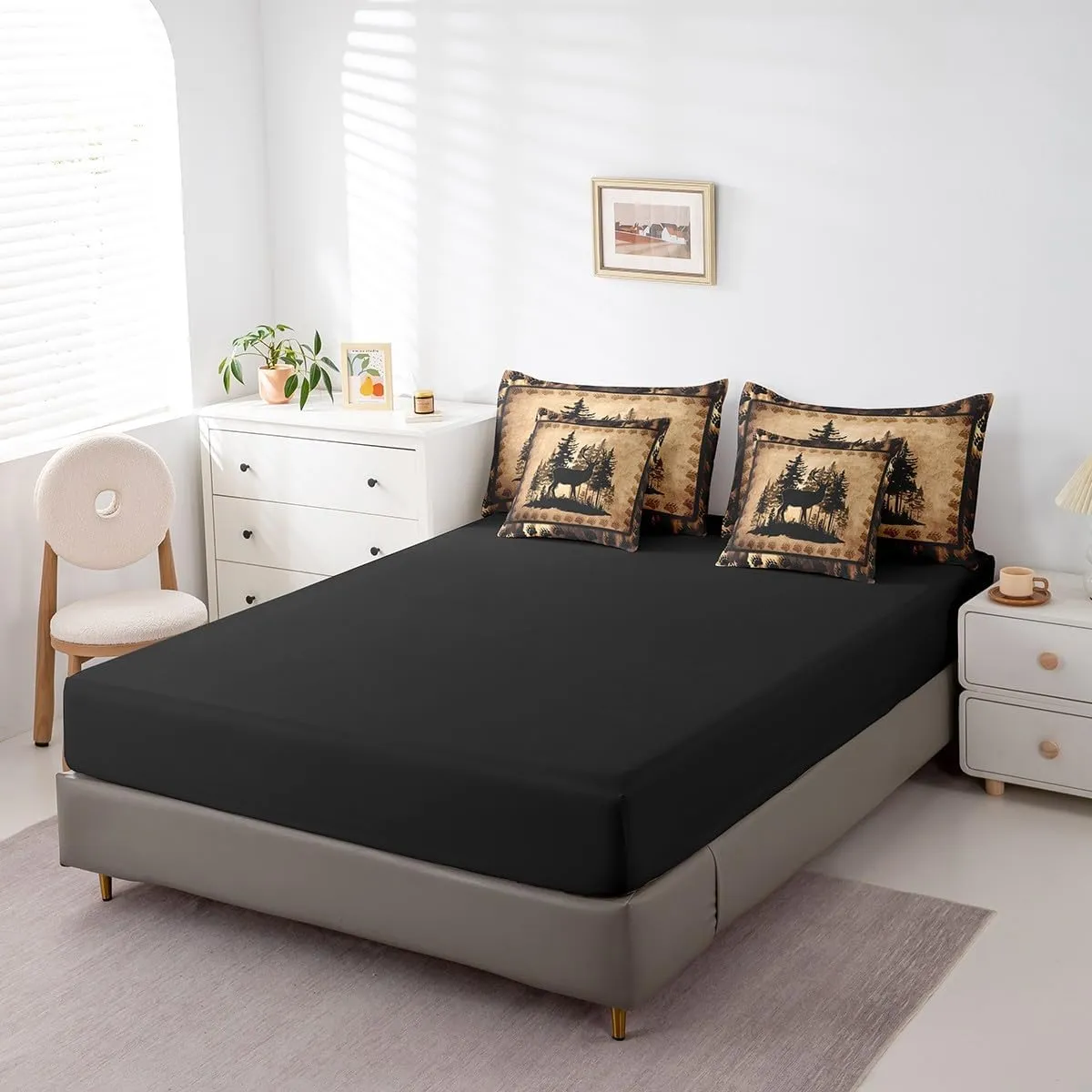 Feelyou Cute Deer Comforter Set with Sheets 7 Piece King Size for Girls Boys Kids Deer Hunting Bed in a Bag Room Decorative Bear Paw Print Tree Pattern Bedding Set Exotic Style Brown Bed Set