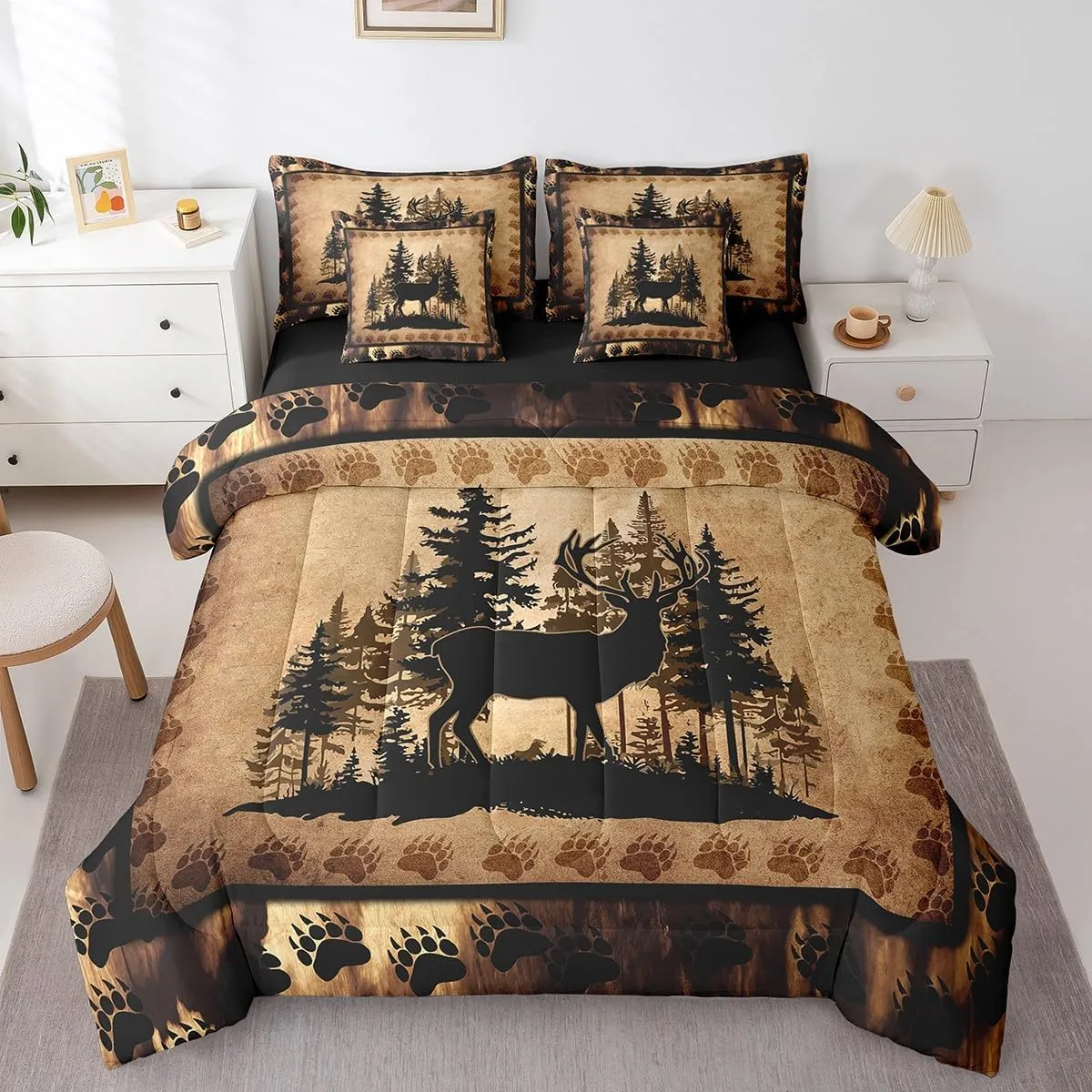 Feelyou Cute Deer Comforter Set with Sheets 7 Piece King Size for Girls Boys Kids Deer Hunting Bed in a Bag Room Decorative Bear Paw Print Tree Pattern Bedding Set Exotic Style Brown Bed Set