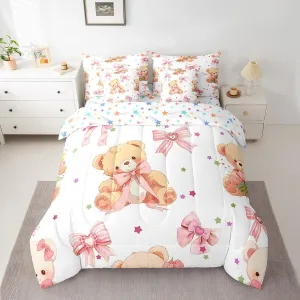 Feelyou Pink Bowknot Bedding Set All Season Queen Size Cute Bear Comforter Set 7 Pieces Dreamy Princess Style Toy Bear Cute Bow Girly Bed in a Bag Flower Bed Set with Comforter, Sheet Set, Pillowcases
