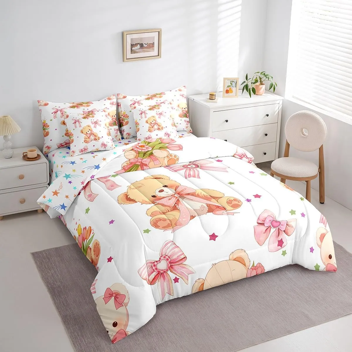 Feelyou Pink Bowknot Bedding Set All Season Queen Size Cute Bear Comforter Set 7 Pieces Dreamy Princess Style Toy Bear Cute Bow Girly Bed in a Bag Flower Bed Set with Comforter, Sheet Set, Pillowcases