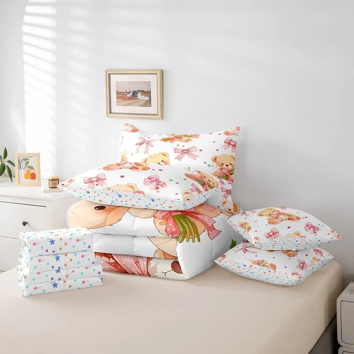 Feelyou Pink Bowknot Bedding Set All Season Queen Size Cute Bear Comforter Set 7 Pieces Dreamy Princess Style Toy Bear Cute Bow Girly Bed in a Bag Flower Bed Set with Comforter, Sheet Set, Pillowcases