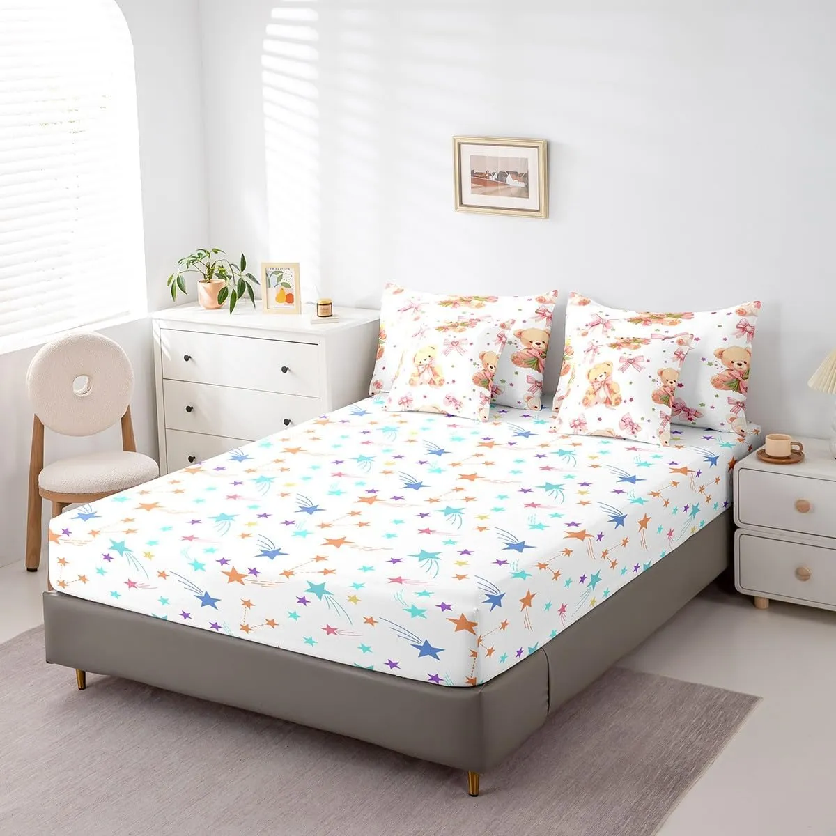 Feelyou Pink Bowknot Bedding Set All Season Queen Size Cute Bear Comforter Set 7 Pieces Dreamy Princess Style Toy Bear Cute Bow Girly Bed in a Bag Flower Bed Set with Comforter, Sheet Set, Pillowcases