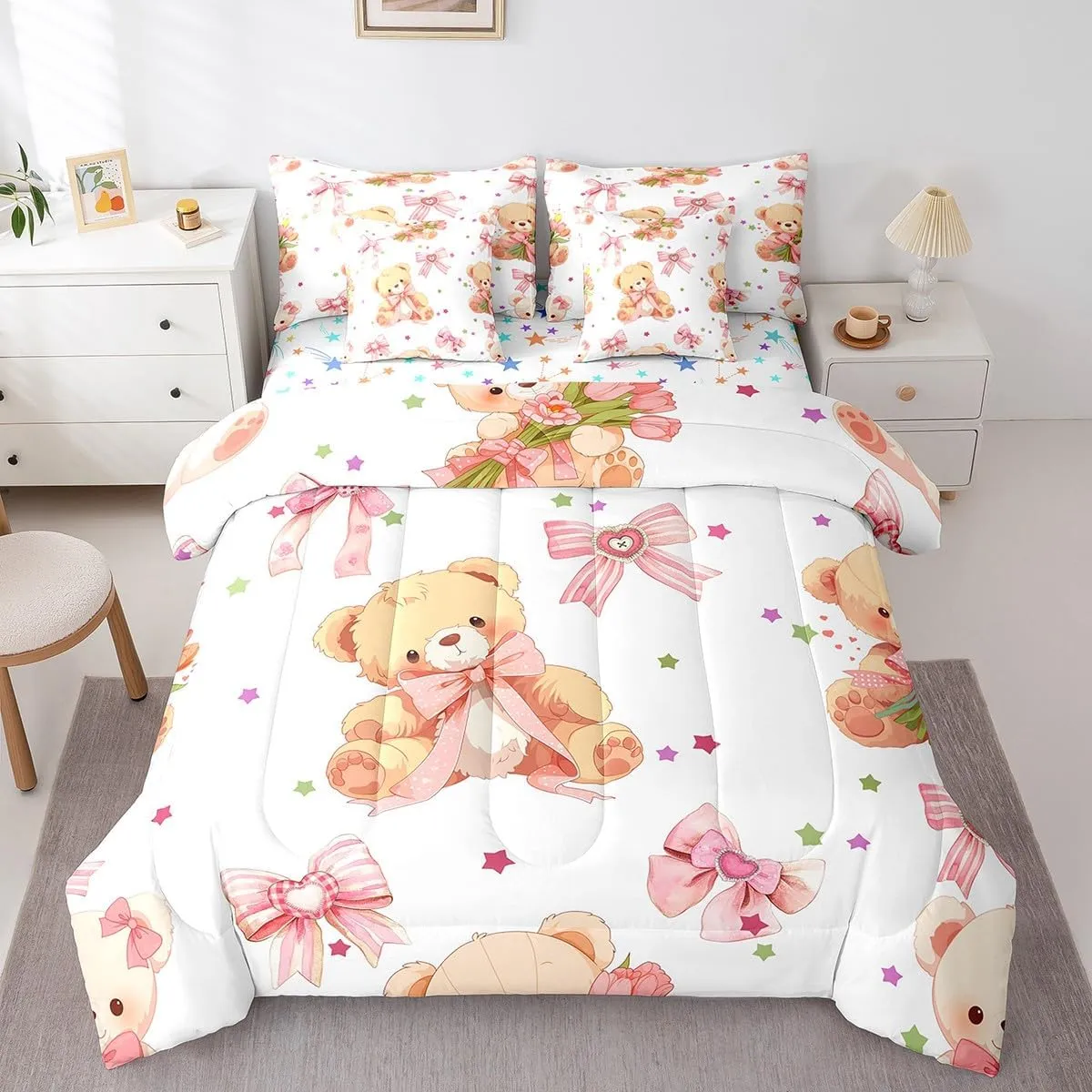 Feelyou Pink Bowknot Bedding Set All Season Queen Size Cute Bear Comforter Set 7 Pieces Dreamy Princess Style Toy Bear Cute Bow Girly Bed in a Bag Flower Bed Set with Comforter, Sheet Set, Pillowcases