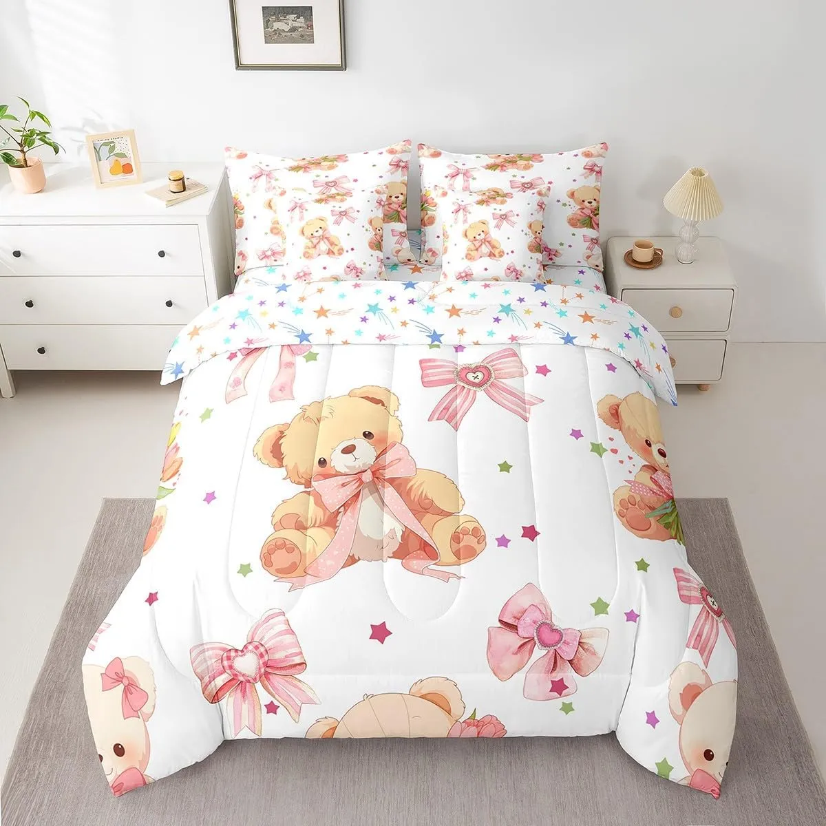 Feelyou Pink Bowknot Bedding Set All Season Queen Size Cute Bear Comforter Set 7 Pieces Dreamy Princess Style Toy Bear Cute Bow Girly Bed in a Bag Flower Bed Set with Comforter, Sheet Set, Pillowcases