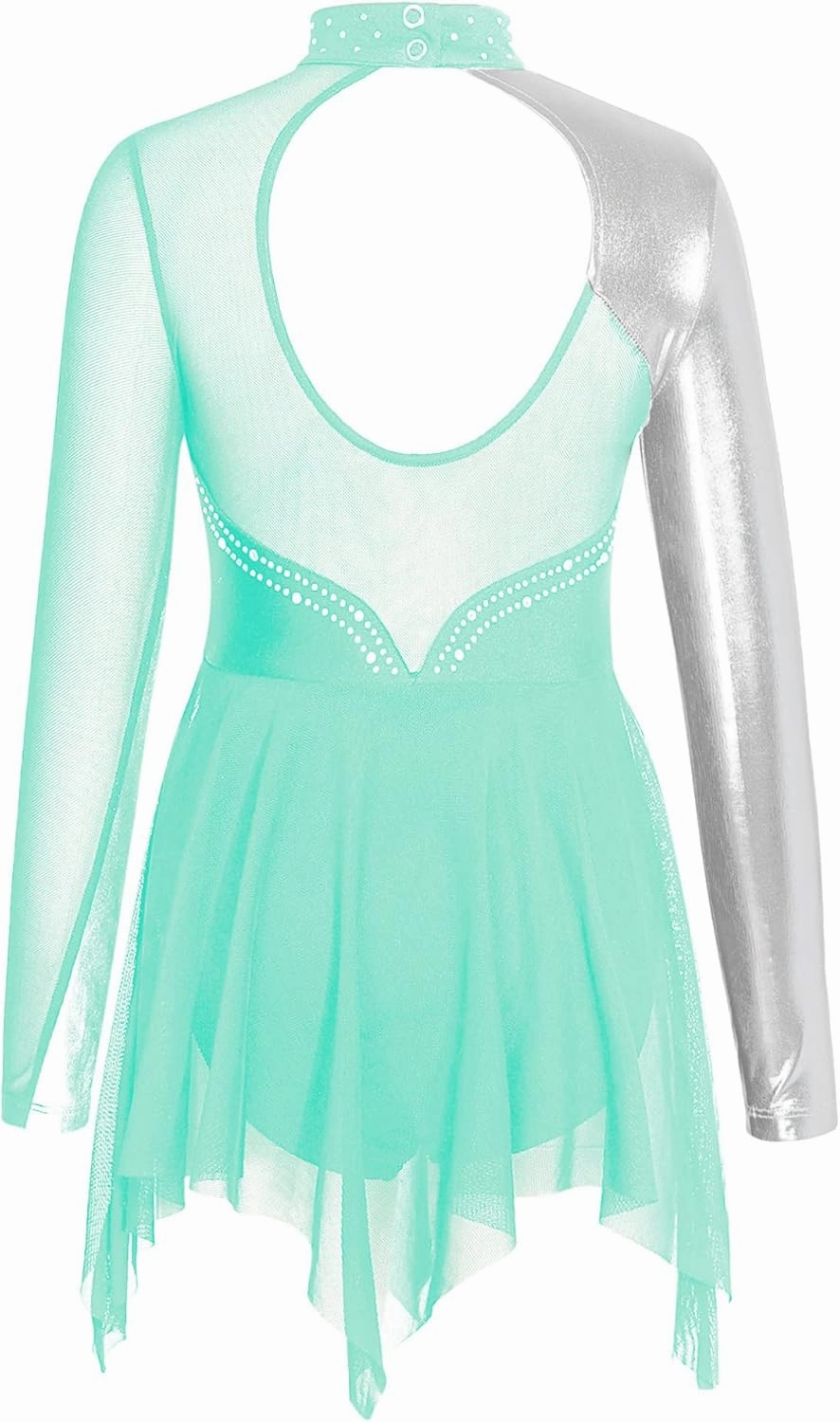 FEESHOW Kids Girls Shiny Long Sleeve Ice Figure Skating Dress Dancewear Mesh Splice Ballet Gymnastics Leotard