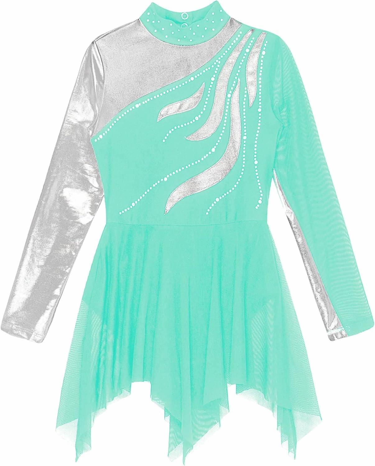 FEESHOW Kids Girls Shiny Long Sleeve Ice Figure Skating Dress Dancewear Mesh Splice Ballet Gymnastics Leotard