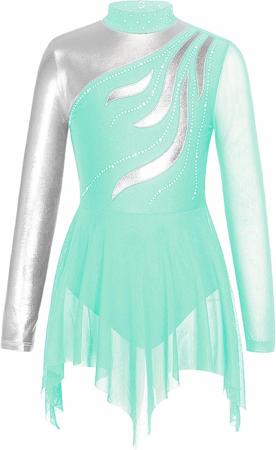 FEESHOW Kids Girls Shiny Long Sleeve Ice Figure Skating Dress Dancewear Mesh Splice Ballet Gymnastics Leotard