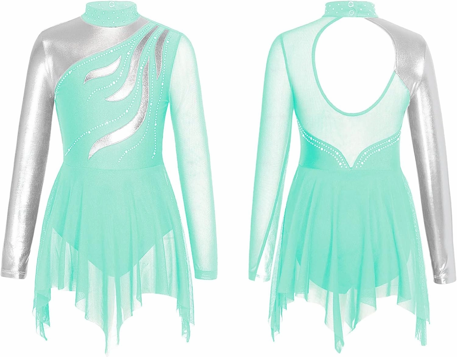 FEESHOW Kids Girls Shiny Long Sleeve Ice Figure Skating Dress Dancewear Mesh Splice Ballet Gymnastics Leotard