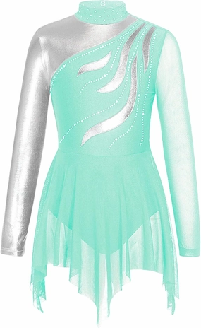 FEESHOW Kids Girls Shiny Long Sleeve Ice Figure Skating Dress Dancewear Mesh Splice Ballet Gymnastics Leotard