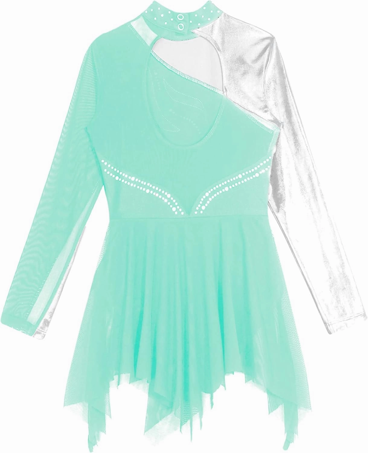 FEESHOW Kids Girls Shiny Long Sleeve Ice Figure Skating Dress Dancewear Mesh Splice Ballet Gymnastics Leotard