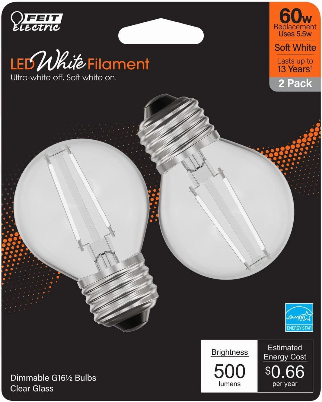 Feit Electric BPGM60927CAWFIL/2 Soft White Globe Shape Exposed White Filament LED Bulb, 2 Bulbs per Pack; 5.5W; 60W Equivalent; E26 Base; 2700K; 90 CRI; 500 Lumens; 15000 Life Hours