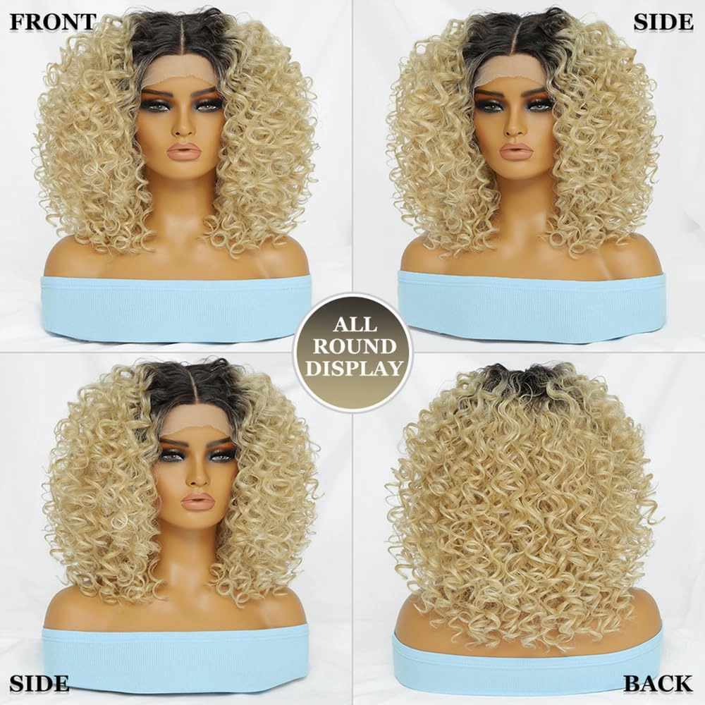 Felek 16inch Curly Lace Front Wigs Middle Part Jerry Curl Wig Blonde Color with Dark Roots T Lace Front Synthetic Pre-Plucked Deep Curly Wigs For Black Women(T4/Blonde)