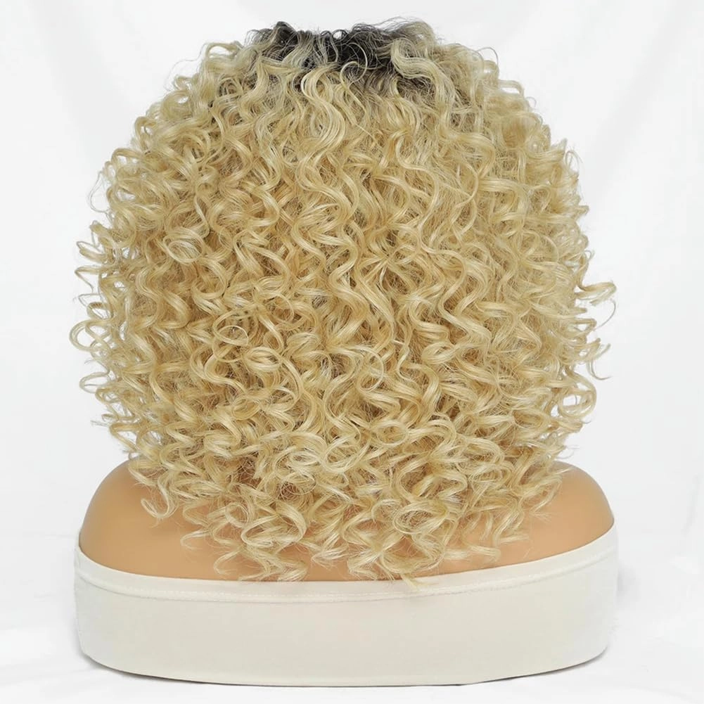 Felek 16inch Curly Lace Front Wigs Middle Part Jerry Curl Wig Blonde Color with Dark Roots T Lace Front Synthetic Pre-Plucked Deep Curly Wigs For Black Women(T4/Blonde)