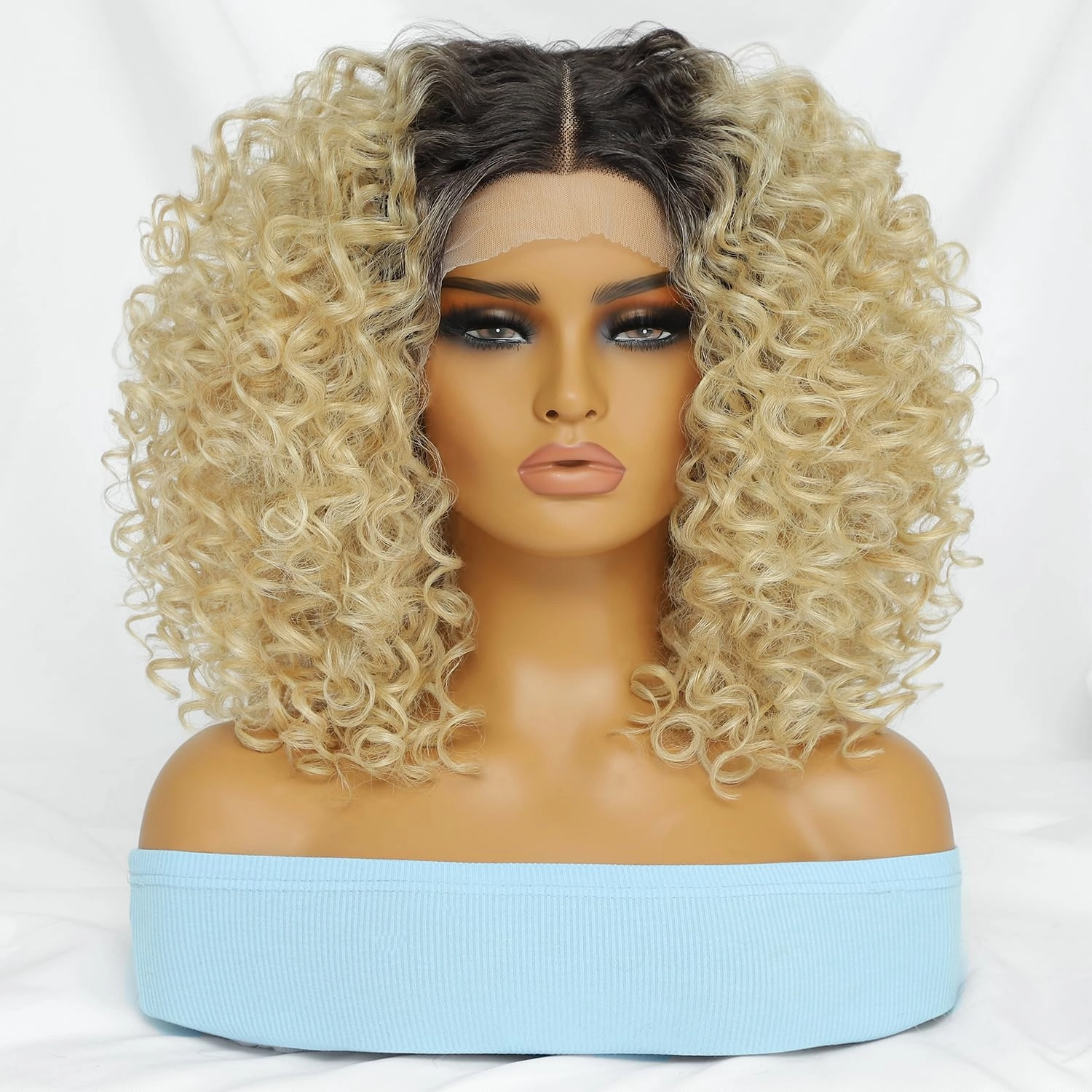 Felek 16inch Curly Lace Front Wigs Middle Part Jerry Curl Wig Blonde Color with Dark Roots T Lace Front Synthetic Pre-Plucked Deep Curly Wigs For Black Women(T4/Blonde)