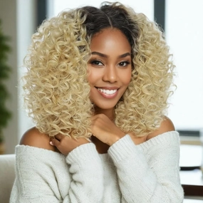 Felek 16inch Curly Lace Front Wigs Middle Part Jerry Curl Wig Blonde Color with Dark Roots T Lace Front Synthetic Pre-Plucked Deep Curly Wigs For Black Women(T4/Blonde)