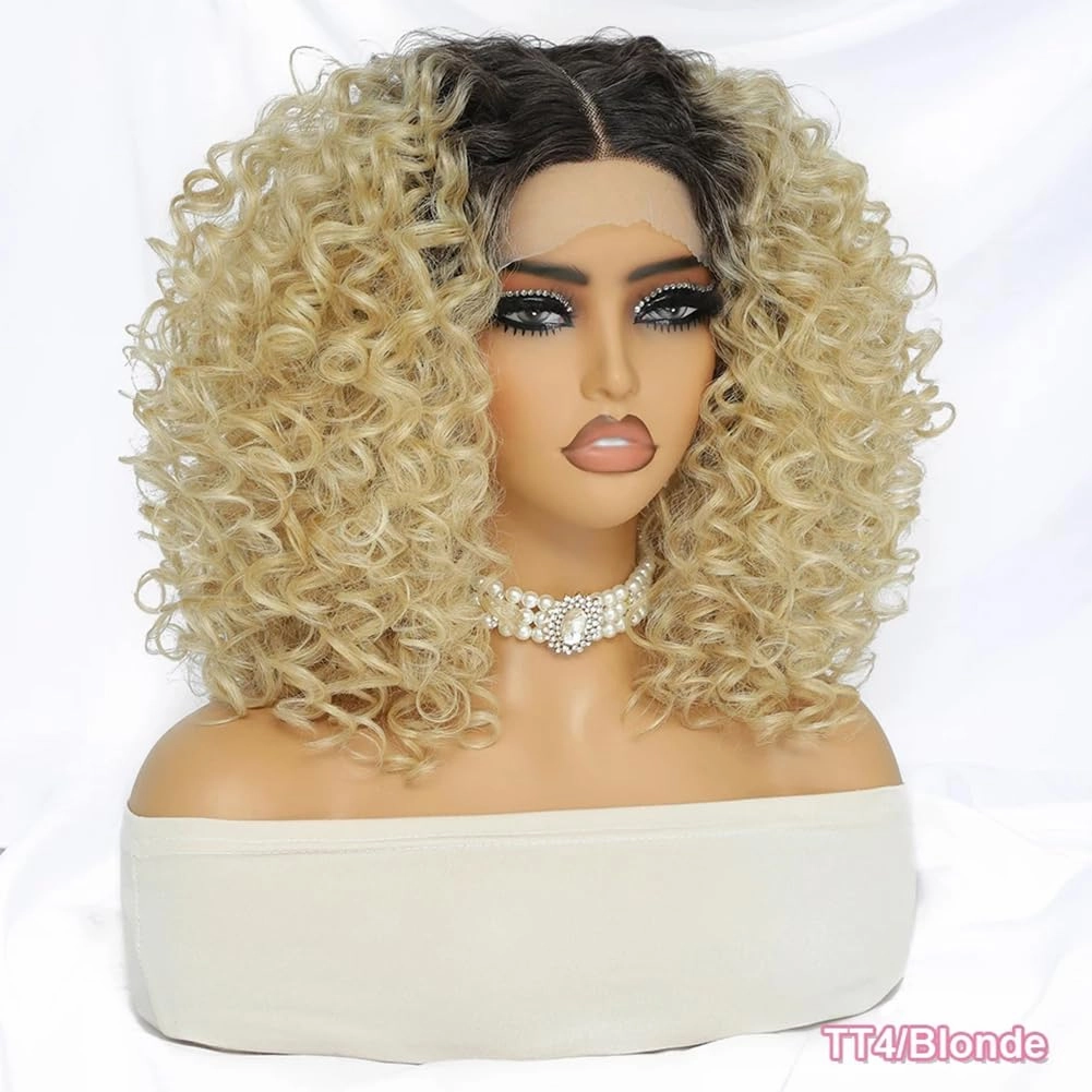 Felek 16inch Curly Lace Front Wigs Middle Part Jerry Curl Wig Blonde Color with Dark Roots T Lace Front Synthetic Pre-Plucked Deep Curly Wigs For Black Women(T4/Blonde)