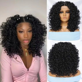 Felek 16inch Curly Lace Front Wigs Middle Part Jerry Curl Wig T Lace Front Curly Synthetic Glueless Pre-Plucked Short Deep Curly Wigs For Black Women(1B)