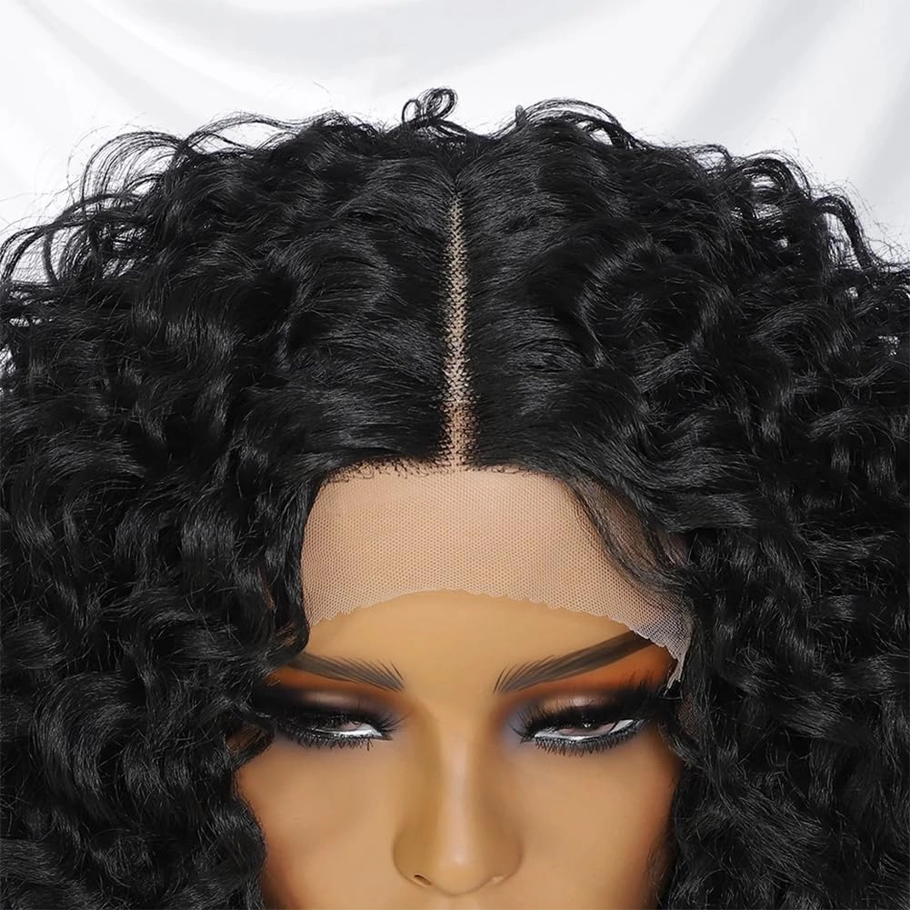 Felek 16inch Curly Lace Front Wigs Middle Part Jerry Curl Wig T Lace Front Curly Synthetic Glueless Pre-Plucked Short Deep Curly Wigs For Black Women(1B)