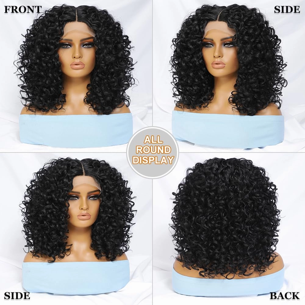 Felek 16inch Curly Lace Front Wigs Middle Part Jerry Curl Wig T Lace Front Curly Synthetic Glueless Pre-Plucked Short Deep Curly Wigs For Black Women(1B)
