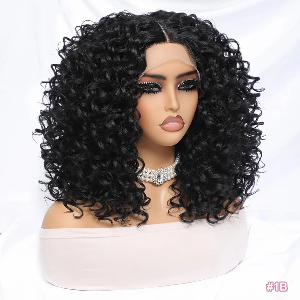 Felek 16inch Curly Lace Front Wigs Middle Part Jerry Curl Wig T Lace Front Curly Synthetic Glueless Pre-Plucked Short Deep Curly Wigs For Black Women(1B)
