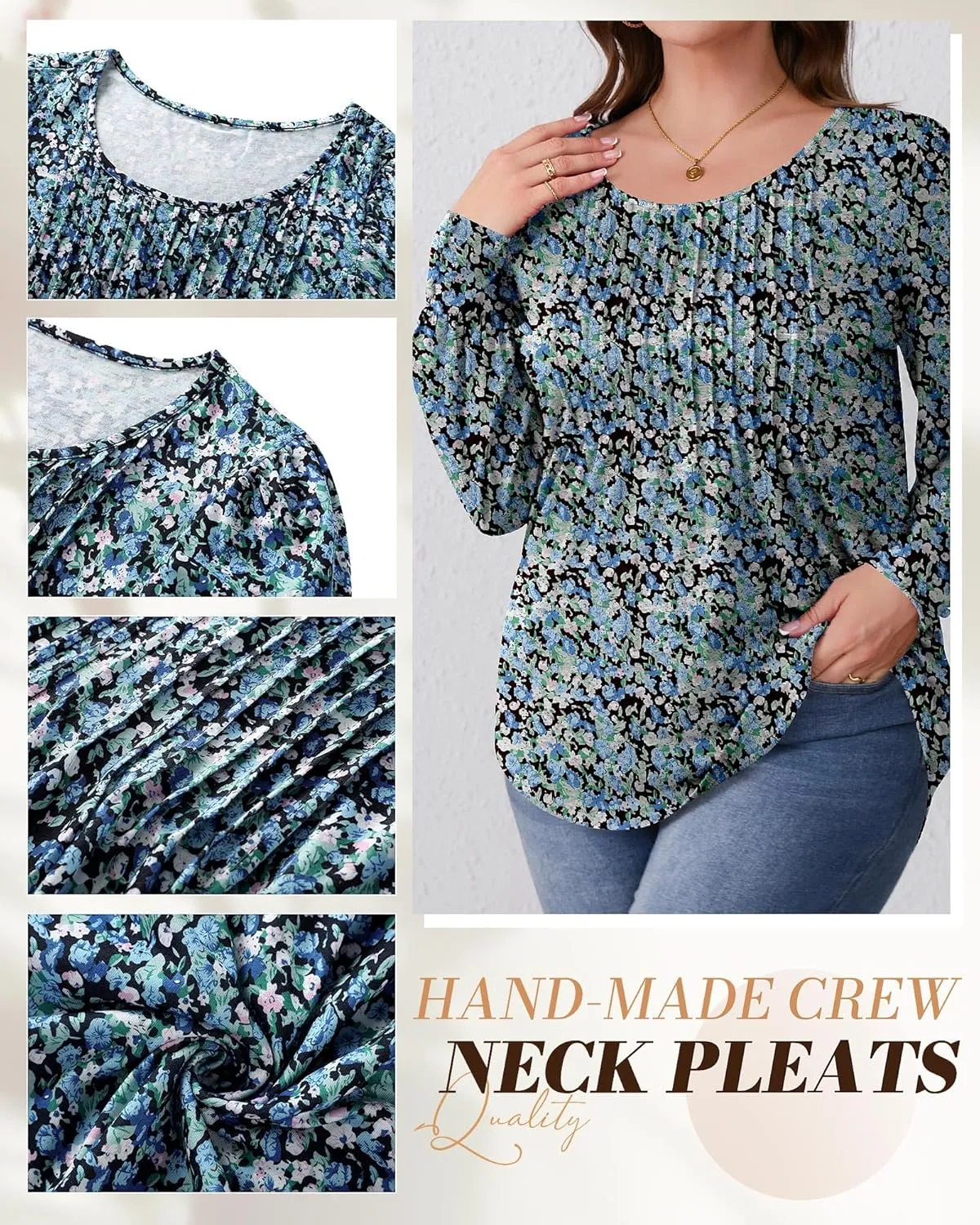 Ficerd Women's Plus Size Puff Long Sleeve Tops Pleated Crew Neck Tunic Shirts Dressy Loose Blouses T-Shirts 1X-5X