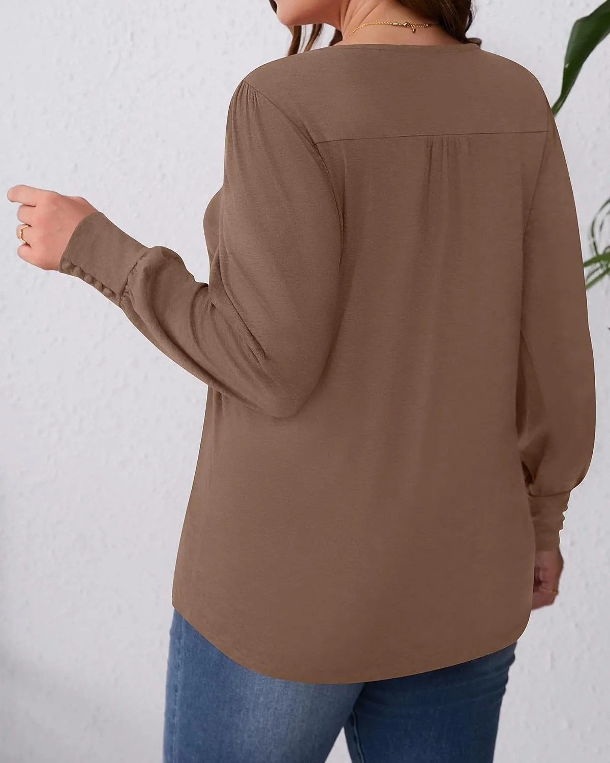 Ficerd Women's Plus Size Puff Long Sleeve Tops Pleated Crew Neck Tunic Shirts Dressy Loose Blouses T-Shirts 1X-5X