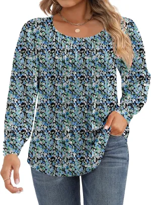 Ficerd Women's Plus Size Puff Long Sleeve Tops Pleated Crew Neck Tunic Shirts Dressy Loose Blouses T-Shirts 1X-5X