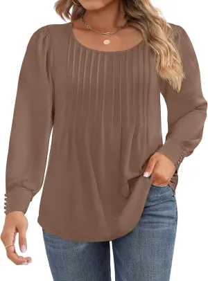 Ficerd Women's Plus Size Puff Long Sleeve Tops Pleated Crew Neck Tunic Shirts Dressy Loose Blouses T-Shirts 1X-5X