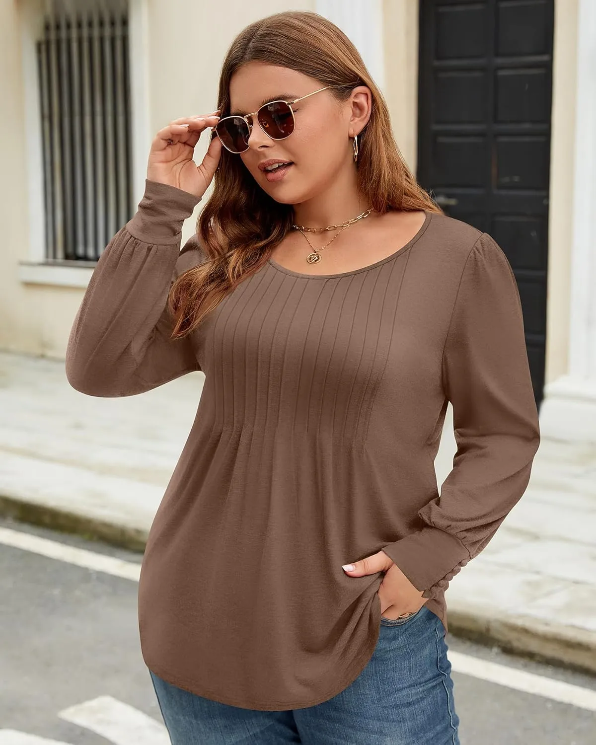 Ficerd Women's Plus Size Puff Long Sleeve Tops Pleated Crew Neck Tunic Shirts Dressy Loose Blouses T-Shirts 1X-5X