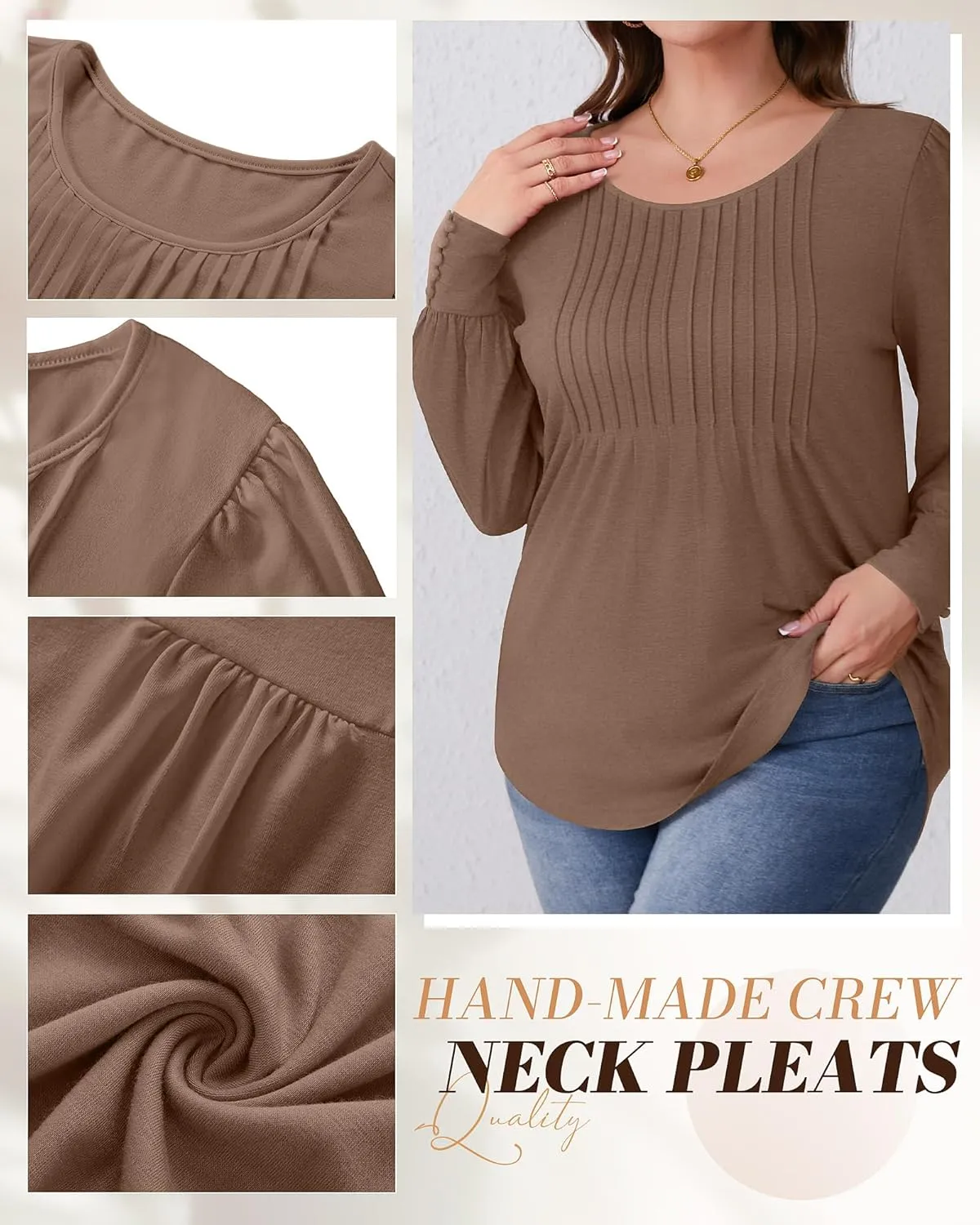 Ficerd Women's Plus Size Puff Long Sleeve Tops Pleated Crew Neck Tunic Shirts Dressy Loose Blouses T-Shirts 1X-5X