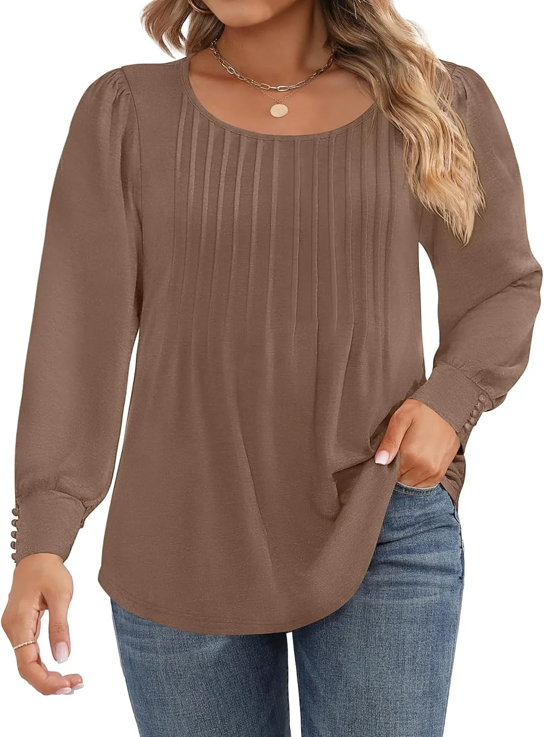 Ficerd Women's Plus Size Puff Long Sleeve Tops Pleated Crew Neck Tunic Shirts Dressy Loose Blouses T-Shirts 1X-5X