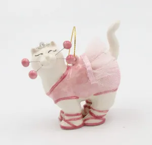 Fine Ceramic Whisker Cat Ballerina Cat in Pink Tutu and Ballet Slippers Figurine Ornament by Amy Lacombe, 3 in