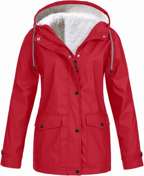 Fleece Lined Raincoat For Women Waterproof with Hood Plus Size Solid Color Winter Warm Rain Jacket Hiking Snow Coat