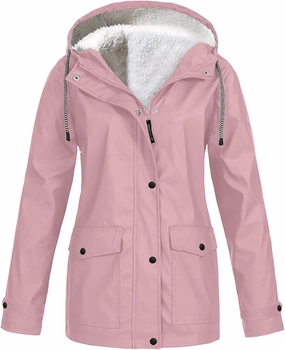 Fleece Lined Raincoat For Women Waterproof with Hood Plus Size Solid Color Winter Warm Rain Jacket Hiking Snow Coat