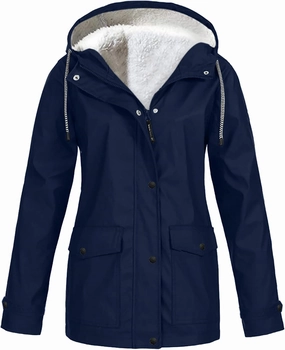Fleece Lined Raincoat For Women Waterproof with Hood Plus Size Solid Color Winter Warm Rain Jacket Hiking Snow Coat