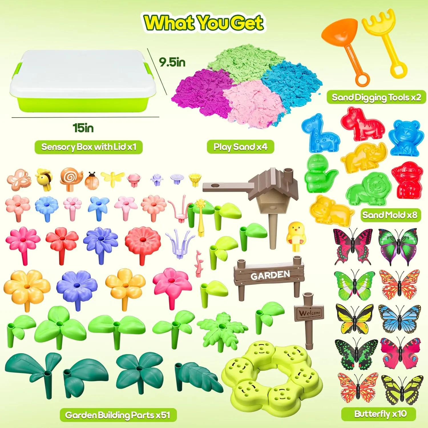 Flower Garden Sensory Bin Toys for Toddlers Kids Age 3-6, 51 PCS Garden Building Blocks, 2.2lbs Sensory Play Sand, 10 Sandbox Toys, Garden Play Set, Preschool Learning Toys Gifts for Boys Girls