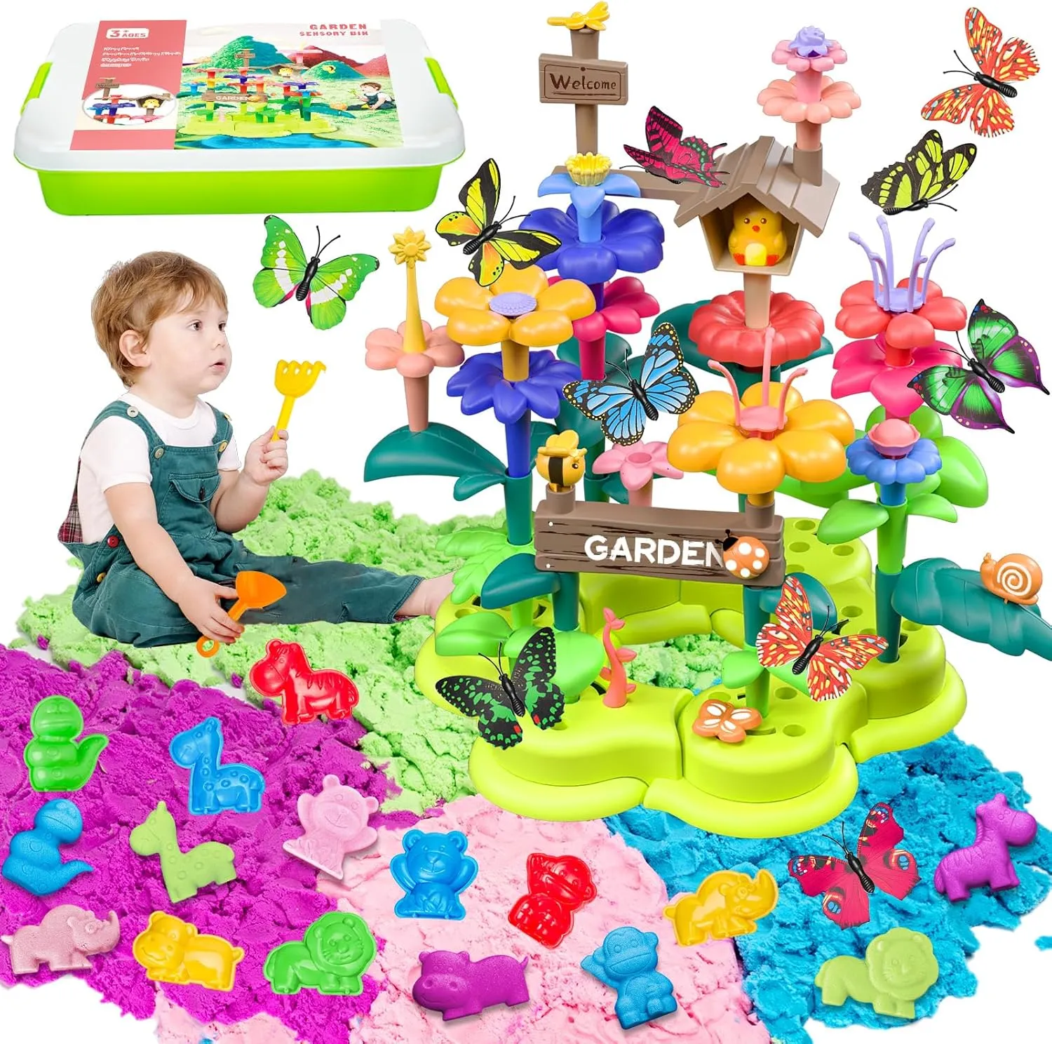 Flower Garden Sensory Bin Toys for Toddlers Kids Age 3-6, 51 PCS Garden Building Blocks, 2.2lbs Sensory Play Sand, 10 Sandbox Toys, Garden Play Set, Preschool Learning Toys Gifts for Boys Girls
